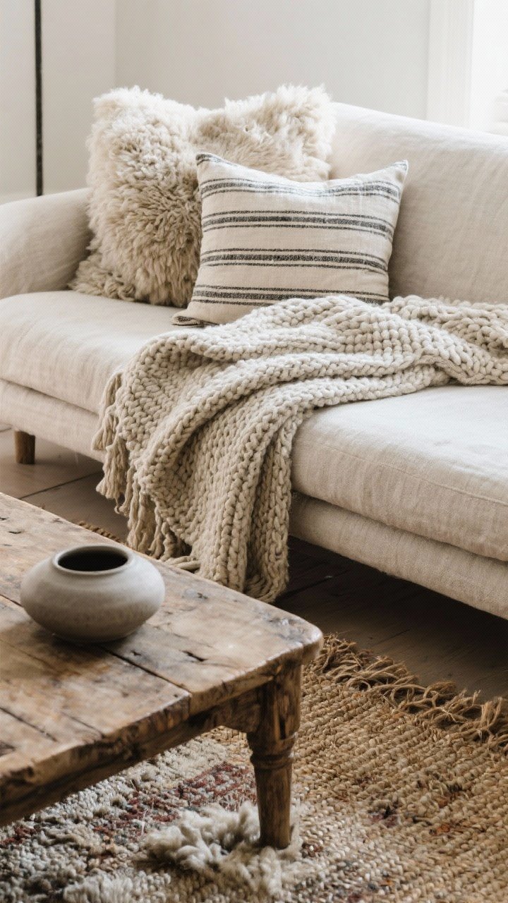 Detail closeup: Layered textures on a sofa corner—chunky knit throw draped over washed linen cushions, a faux sheepskin casually pooled on the seat, and a subtle striped pillow; in the foreground, the edge of a rustic wood coffee table with a matte ceramic accent; below, a jute rug topped with a soft wool vintage-style rug; soft, diffused natural light emphasizing nubby, smooth, rough, and soft surfaces; overhead angle to showcase the layering.