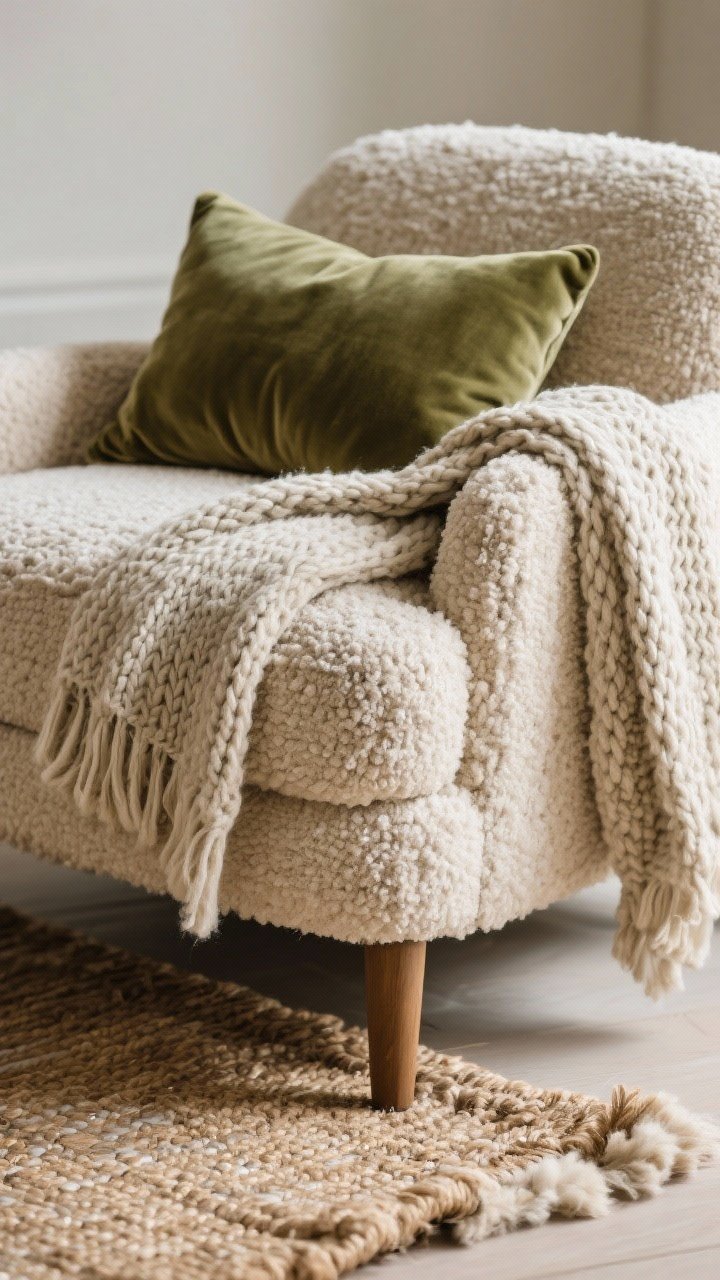 Detail closeup: Layered textures on the chair. Oatmeal bouclé chair as the base, with a casually draped chunky knit throw (alpaca or cashmere blend) spilling over the arm, a single plump lumbar pillow in sage velvet, and the edge of a low-pile wool rug beneath—jute-wool blend visible at the border. Mix matte and plush: hint of linen weave against velvet sheen. Soft, cozy lighting that highlights the tactile surfaces, photorealistic macro focus.
