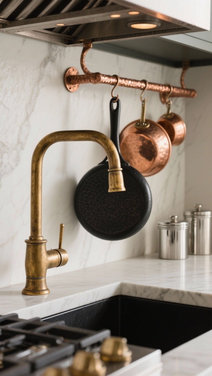 Detail closeup of a kitchen vignette mixing metals: an aged brass bridge faucet as the hero, a matte black pot filler nearby, hammered copper pot rail with a few copper pans hanging, and chrome canister lids on the counter; textures varied—lacquered brass, matte black, hammered copper—captured under soft diffused task lighting; shot at a 45-degree angle for layered depth.