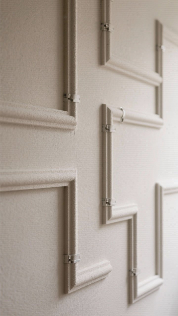 Detail closeup of a sculptural wall using lightweight foam molding adhered with removable mounting strips, painted tone-on-tone to match a soft greige wall; show crisp mitered corners forming classic rectangular boxes that cast gentle shadows; razor-clean paint lines and subtle texture in the foam; side-angle lighting emphasizing depth and architectural vibes; no nails or damage visible