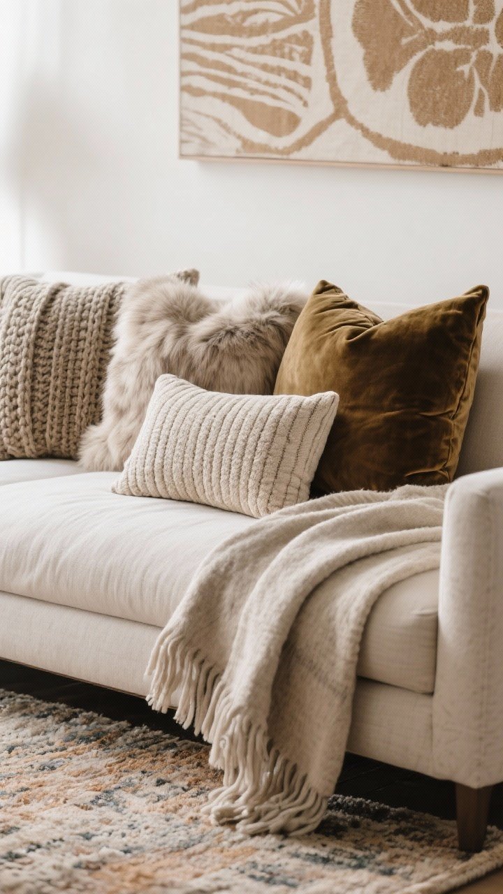 Detail closeup of a sofa styled with cozy, mixed-texture pillows: 22-inch and 20-inch covers with plump down-alternative inserts one size larger for full shape; fabrics include velvet, faux fur, chunky knit, and linen in a cohesive palette pulled from a nearby rug/art (muted earth tones with a statement print); include a lumbar pillow for balance and a casually draped throw blanket over the sofa arm; soft natural light highlighting the fabric weaves.