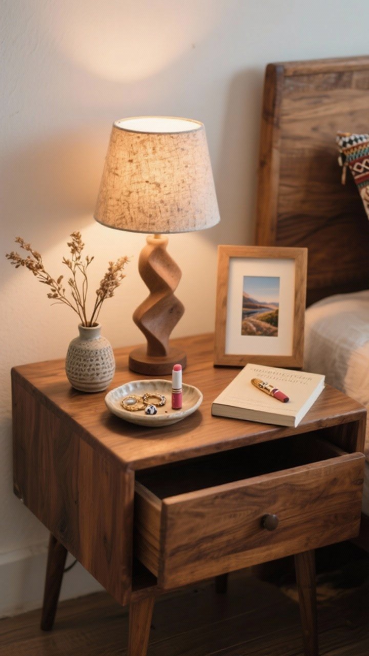 Detail closeup of a styled boho nightstand vignette: small sculptural bedside lamp, a tiny potted plant or vase with dried stems, a ceramic tray catchall holding jewelry and lip balm, and one personal item (a favorite book with a bookmark or a framed travel photo); wood nightstand with drawer for hidden storage; warm ambient light from the lamp; photorealistic textures.
