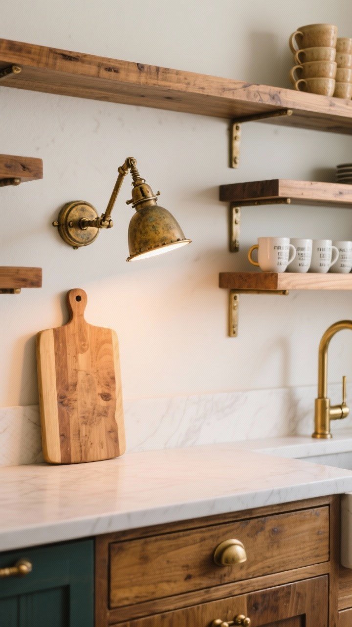 Detail closeup of aged brass swivel-arm sconces mounted above open wood shelves; sconces set at 66–72 inches from the floor, centered; one arm angled to spotlight neatly stacked mugs and a cutting board vignette; repeated brass tone in cabinet knobs and a bridge faucet; aged brass patina visible, fingerprints hidden; warm, inviting glow.