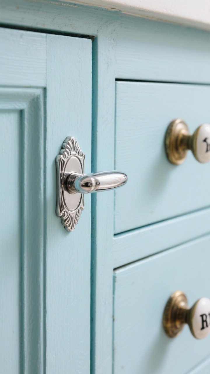 Detail closeup of cabinet hardware on a painted pastel door: chrome bin pull and matching deco backplate on a powder blue cabinet, adjacent drawer with antiqued brass cup handle, and a nearby porcelain knob with black lettering, all shown with soft natural side light to emphasize metal sheen and subtle patina, photorealistic macro focus.