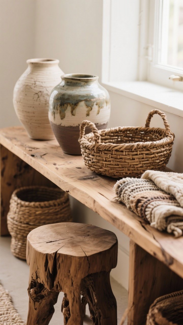Detail closeup of handcrafted accents on a wood console: hand-thrown ceramics with visible glaze variations, a carved wood stool with raw edges, woven baskets with handwoven irregularities, and artisan textiles; focus on imperfections and visible wood grain; soft, warm window light.