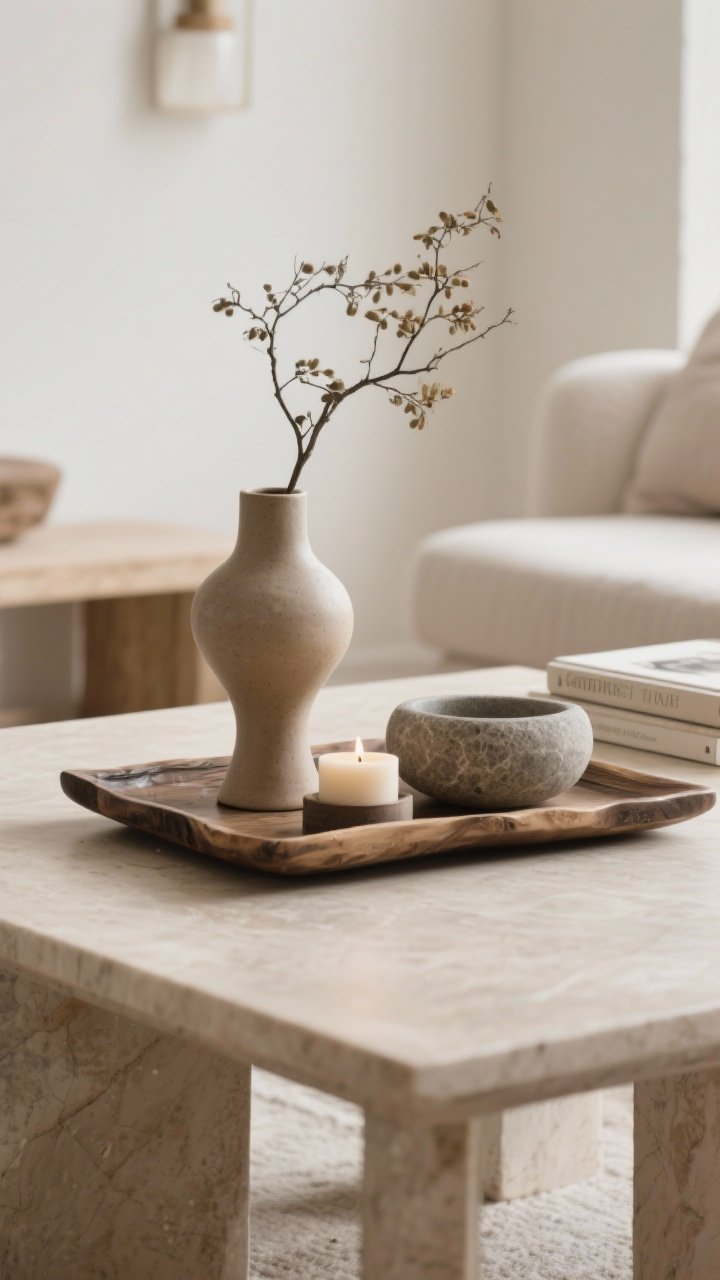 Detail closeup of intentional accessories on a coffee table: a handcrafted tray as base, a single tall sculptural ceramic vessel adding height, a smooth stone bowl, one candle, and a single high-quality book; neutral tones with natural textures; seasonal branch in the vessel; shallow depth of field emphasizing materiality.