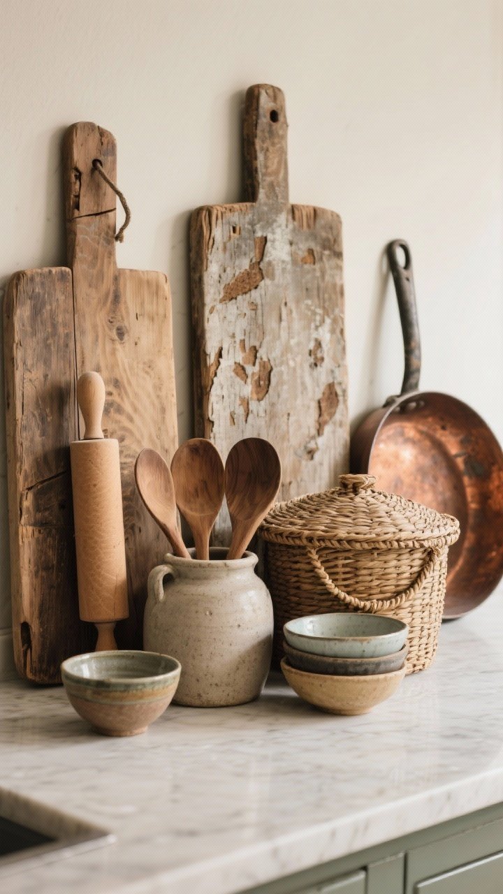 Detail closeup of layered natural materials and vintage finds: a cluster arranged in odd numbers on a counter—weathered wood bread boards and a rolling pin, a stoneware crock with wooden utensils, mismatched ceramic bowls, a woven lidded basket hiding a cord, and a small copper pan leaned as decor; visible patina, chips, and wear; soft side lighting emphasizing texture.