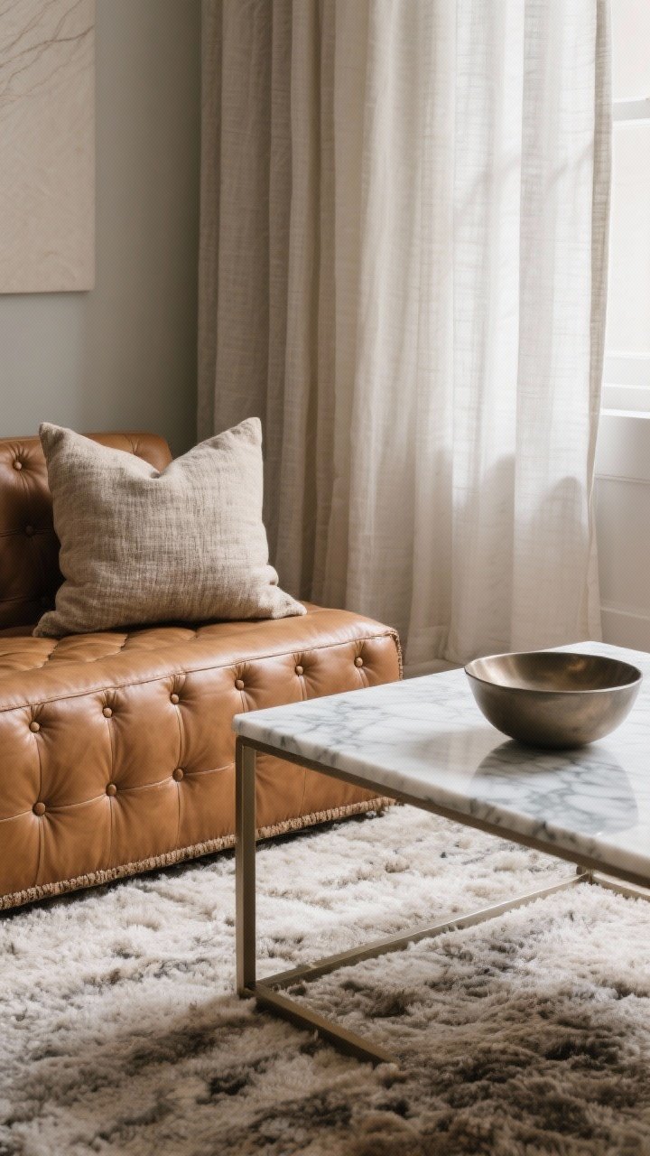 Detail closeup of layered textures: a nubby linen pillow against smooth tan leather, hand-tufted wool rug meeting a polished marble-top table with a slim metal frame, unlined linen curtains casting soft, gauzy shadows; mostly matte surfaces with a subtle sheen from a small silk pillow and a muted metallic bowl; side-lit for texture depth.
