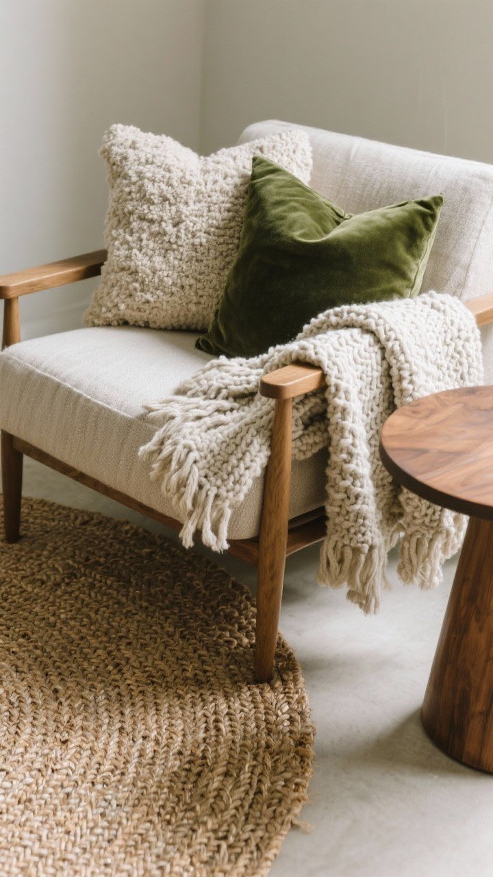 Detail closeup of layered textures: a small rug base (braided jute) beneath the chair, two pillows in linen and velvet with a boucle accent, a chunky knit throw draped over the arm plus a lightweight throw folded nearby, and the edge of a wood side table for contrast; tight color palette of two neutrals with a cozy accent color like forest green; soft diffused light highlighting fabric weaves and nubby boucle texture