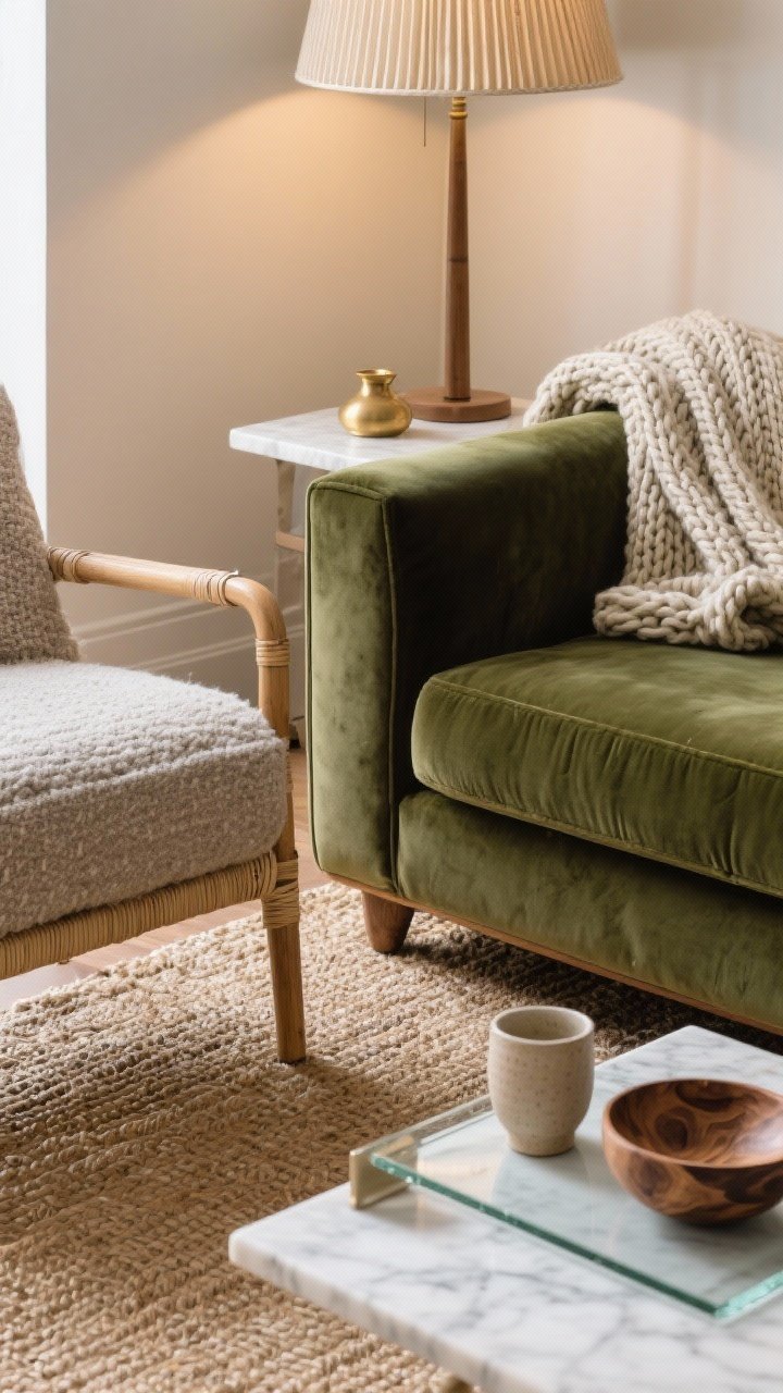 Detail closeup of layered textures on a corner setup: a deep moss velvet sofa arm meeting a natural jute rug base, a cane accent chair edge in frame, a chunky knit throw draped over the sofa, and a sleek marble side table topped with a small hand-thrown ceramic cup and a carved wood bowl. Add a pleated lampshade in the background and a small brass object for subtle shine. Soft side lighting to emphasize tactile contrast; crisp glass tray peeking in to add a clean element.