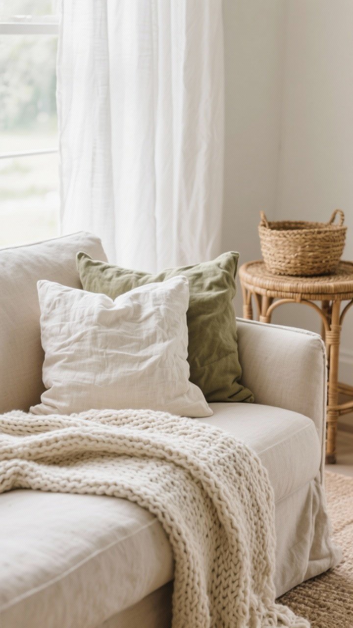 Detail closeup of layered textures on a neutral sofa: a soft knit throw draped beside a nubby pillow and a wrinkled linen cushion in oat beige and creamy white, with hints of sage; background includes a rattan side table and a seagrass basket; sheer white curtains filter daylight for a gentle, diffused glow; emphasize the fabric weave and tactile depth.