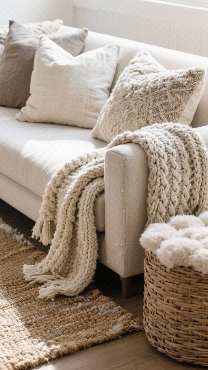 Detail closeup of layered textures on a sofa arm and ottoman: chunky cable-knit throw, basketweave knit pillow, bouclé and sherpa cushions with cloud-like softness, balanced by linen and brushed cotton pillowcases; beneath, a wool rug layered over a jute rug for grounded warmth; aim for 4–5 distinct textures, soft afternoon winter light grazing the surfaces to reveal tactile depth, photorealistic, no people.