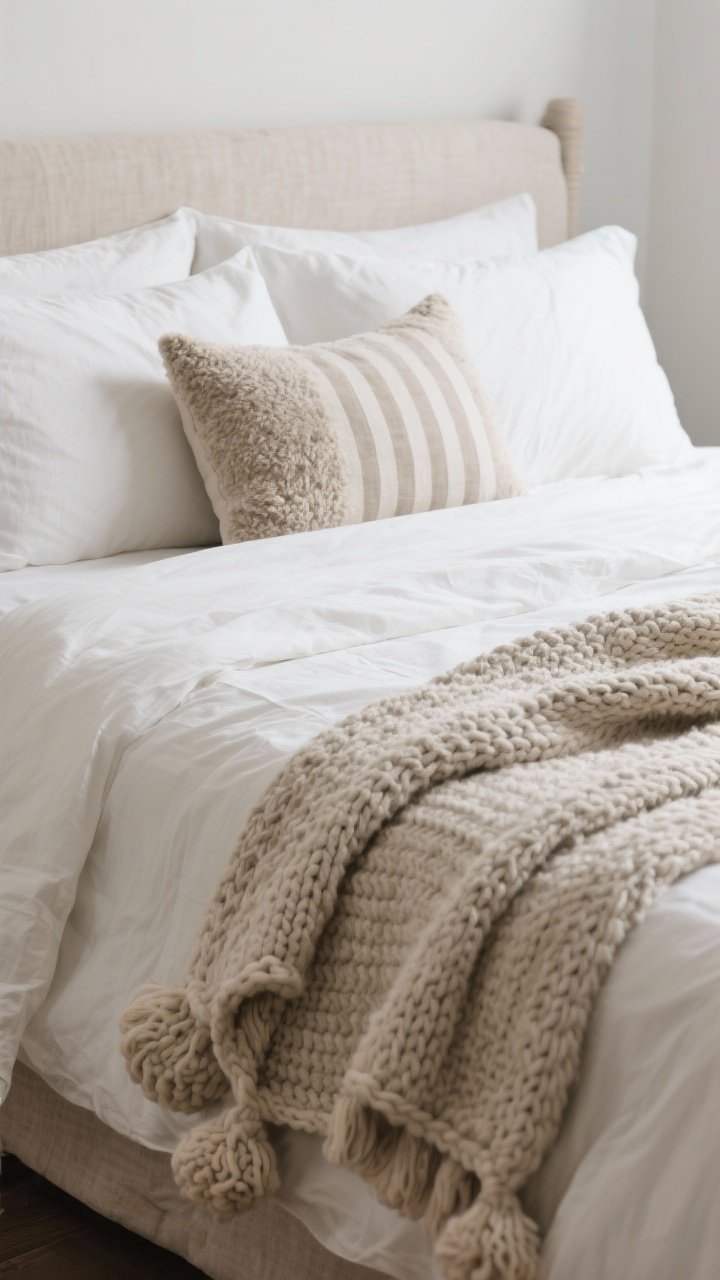 Detail closeup of layered textures on the bed: crisp white percale sheets, relaxed linen sand duvet, and a chunky knit mushroom throw draped at the foot; include a single subtle stripe pillow and a nubby wool accent pillow; matte linen contrasted with plush bouclé for depth; soft diffuse lighting emphasizing fabric weave, photorealistic.