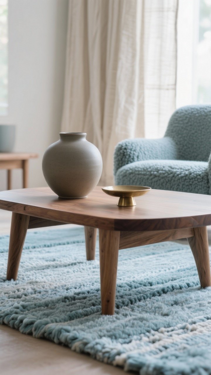 Detail closeup of layered textures: pale glacier blue wool rug beneath a natural oak coffee table, with a matte ceramic vase and brushed brass object on top; in the background, soft-focus linen drapes and a boucle accent chair; cool daylight grazing the materials to show weave and pile; photorealistic macro emphasis on linen, boucle, matte ceramic, raw wood, and brushed metal contrast.