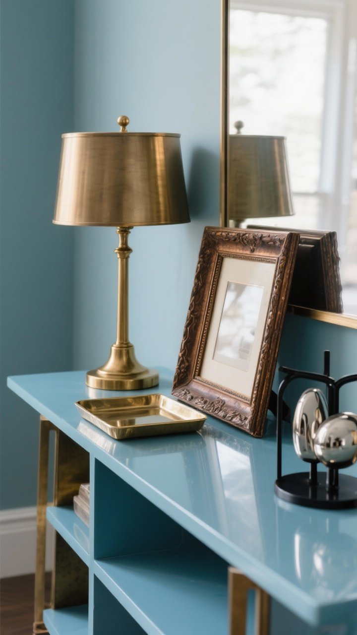 Detail closeup of mixed metals on a glacier blue console vignette: brushed brass lamp base and small tray paired with an antique bronze picture frame; in another sightline, polished nickel and blackened steel accents used sparingly; limit to two metals per view; soft reflections, no harsh glare; photorealistic, side angle emphasizing quiet, layered shine.