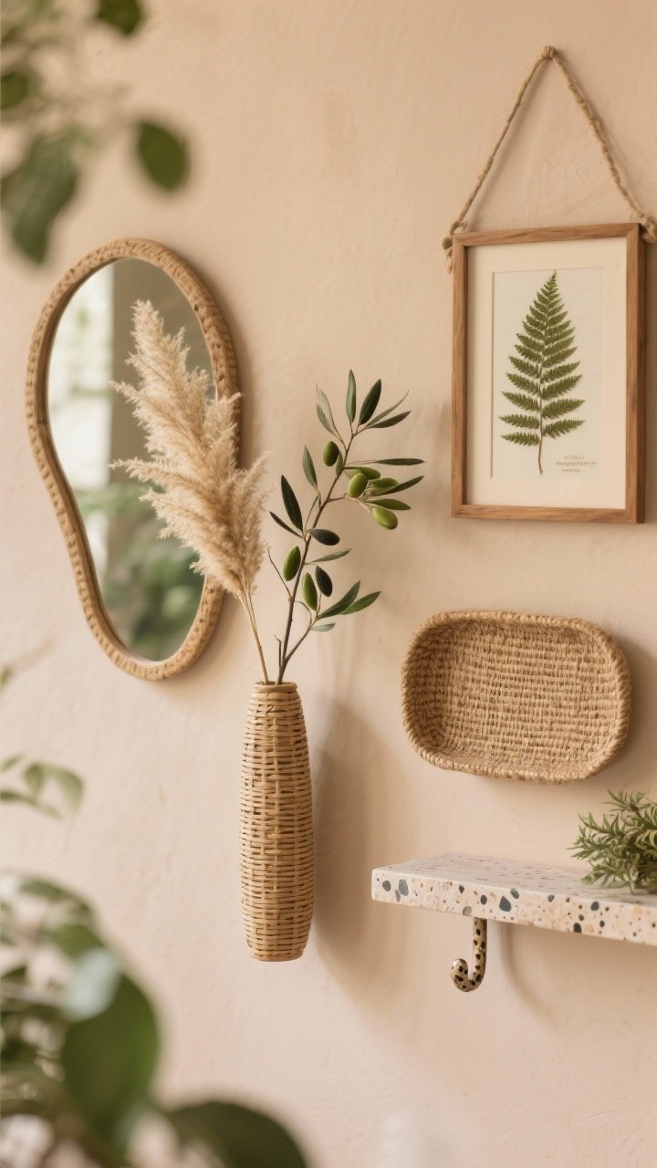 Detail closeup of nature-forward elements on a warm neutral wall: wall-mounted slim vase with dried pampas and olive stems, a small rattan mirror offset to the side, a jute tray hung as art, a pressed fern in a simple wooden frame, and a tiny travertine shelf holding a terrazzo hook nearby; soft, airy greenery vibe with no spiky plants; gentle natural daylight highlighting organic textures.
