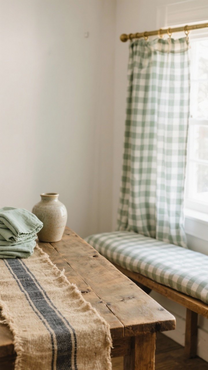 Detail closeup of nostalgic textiles: grain sack stripe runner on a pine table, ticking fabric seat cushion on a bench, and gingham café curtains on a simple brass rod filtering daylight; folded linen tea towels in a soft sage tone coordinating with a ceramic vase nearby; focus on fabric weave and texture, diffused natural light, shallow depth of field.