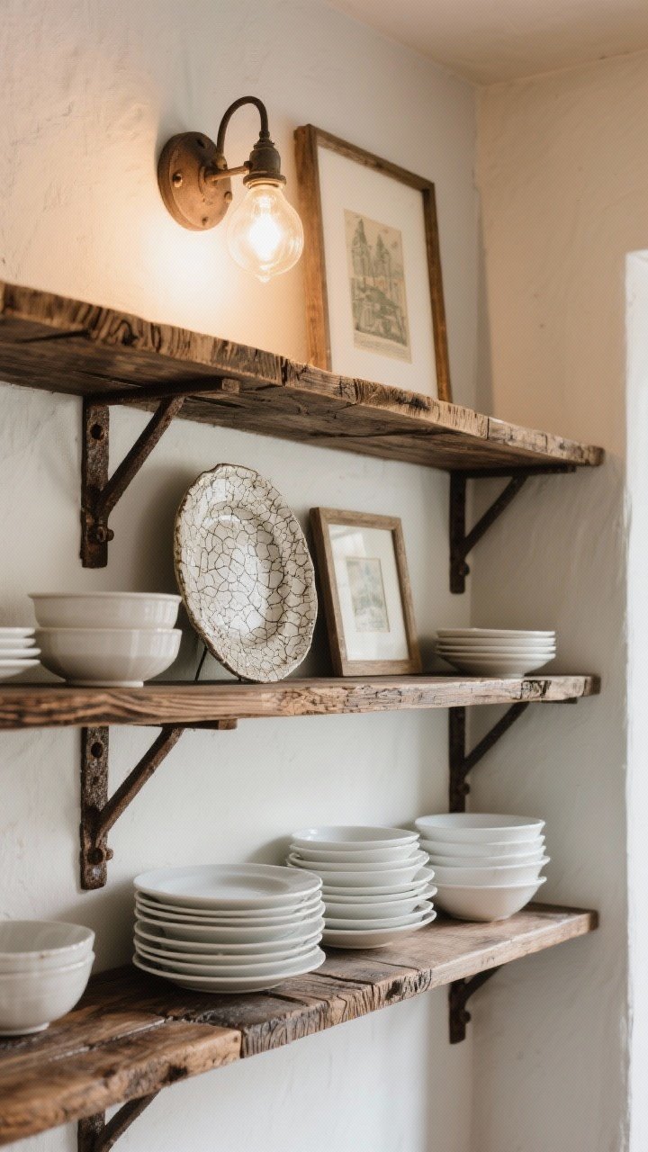 Detail closeup of open shelving with real-life character: stained wood planks on antique iron brackets, everyday white plates and bowls stacked, a few heirloom pieces like a crazed-glaze platter leaning, a small framed print tucked in, and a picture light above casting a cozy glow; textures of wood grain and patina highlighted; tight, side-angle shot.