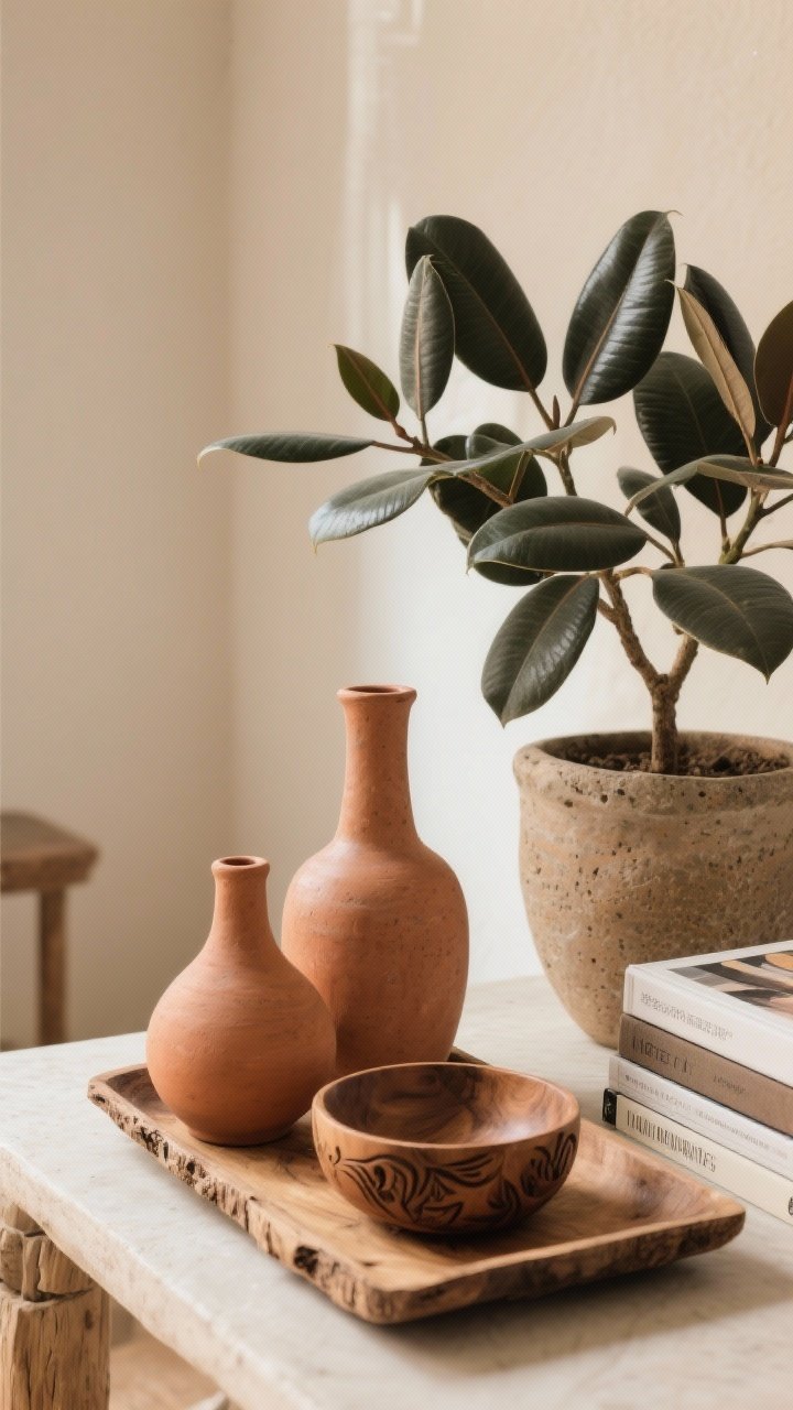 Detail closeup of organic accessories: hand-thrown terracotta and unglazed ceramic vases on a raw-edge wood tray, a carved wood bowl, and a single stack of art books; nearby, an oversized leafy plant (olive tree or rubber plant) in a stone or clay planter; intentional, edited styling—one statement piece per surface; warm natural light highlighting handmade textures.