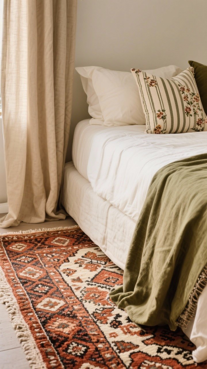 Detail closeup of pattern mixing on a bed corner: a bold Moroccan-style “hero” rug visible under the bed edge, supported by smaller-scale stripe and micro-floral throw pillows; solid cream sheets and plain sand-colored curtains provide breathing room; palette limited to 2–3 repeating colors (rust, cream, olive); soft diffused daylight; photorealistic fabric and rug textures.