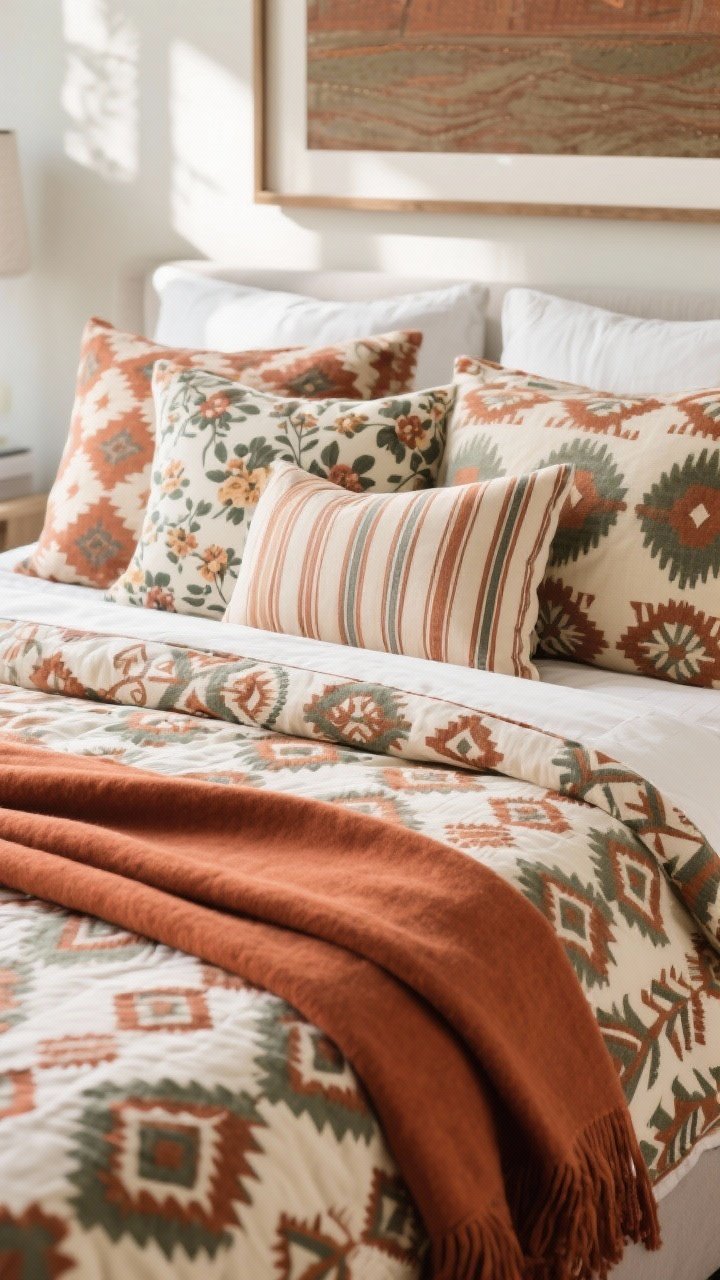 Detail closeup of pattern play on a bed: a dominant patterned duvet with muted tribal geometric motifs in rust, clay, sage, and cream; smaller-scale floral and stripe pillows layered in front; a solid clay throw folded at the foot; repeated color accents visible in a nearby framed print edge; soft daylight for true color rendering; tight composition highlighting fabric prints and cohesion.