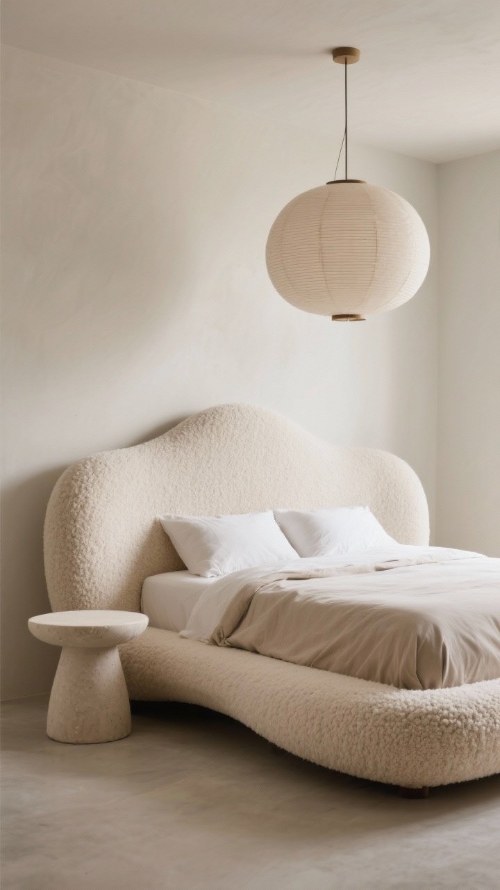Detail closeup of sculptural minimalism: a curvy upholstered platform bed in bone bouclé facing an orb chandelier overhead; tactile neutrals showcased—bouclé headboard, linen duvet, and a plaster-finished side table; neutral palette with big, clean forms; diffused daylight highlighting the textures; tight composition focusing on shape and material.