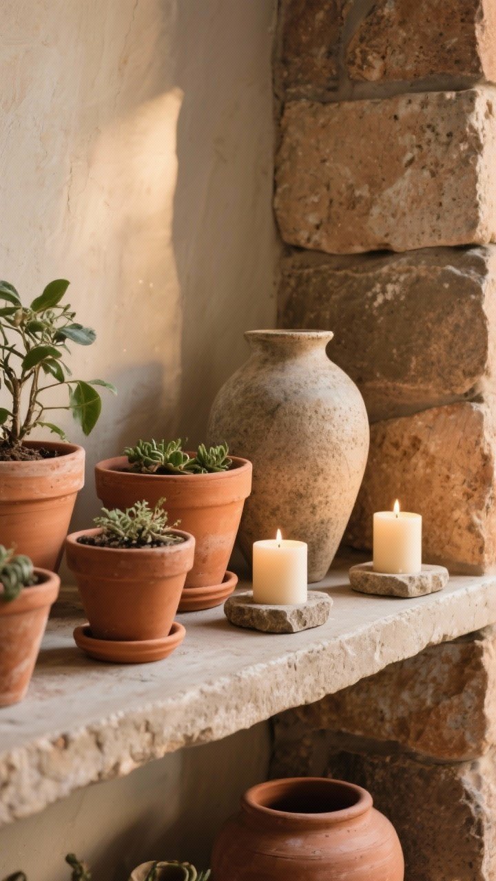 Detail closeup of stone and clay accents: a grouping of terracotta planters, clay pots, and a stoneware vase on a rustic shelf; small pillar candles resting on stone trivets; tactile, earthy surfaces with slight imperfections; warm side lighting emphasizing texture and natural color variations.