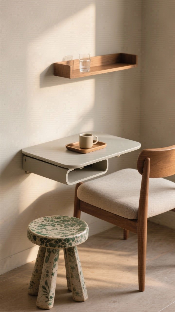Detail closeup of the sidekick table solutions: a compact C-shaped side table sliding under the chair seat, a ceramic garden stool nearby, and a slim floating wall shelf above—each shown at or slightly lower than seat height; wipeable tabletop with a small tray corralling a mug and glasses; clean lines, sturdy, photorealistic, warm side lighting for gentle shadows