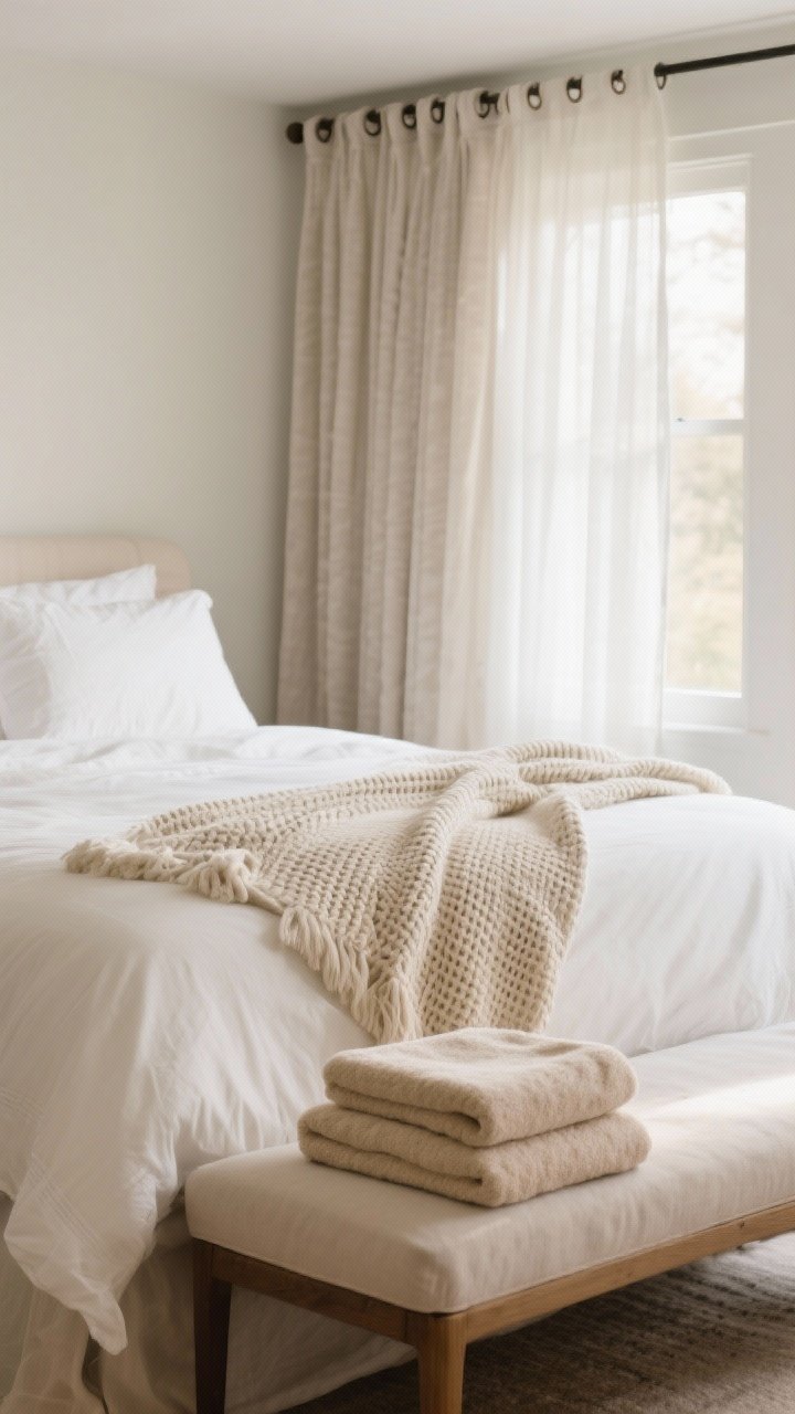 Detail closeup of upgraded textiles: a neatly made bed with crisp cotton or soft linen sheets in creamy white, a seasonal throw (chunky knit for winter or waffle weave for summer) folded at the foot, sheer curtains layered with blackout liners on clip rings for a tailored look, and two plush bath towels in a calm oat beige stacked on a nearby bench; soft morning light enhances fabric textures.