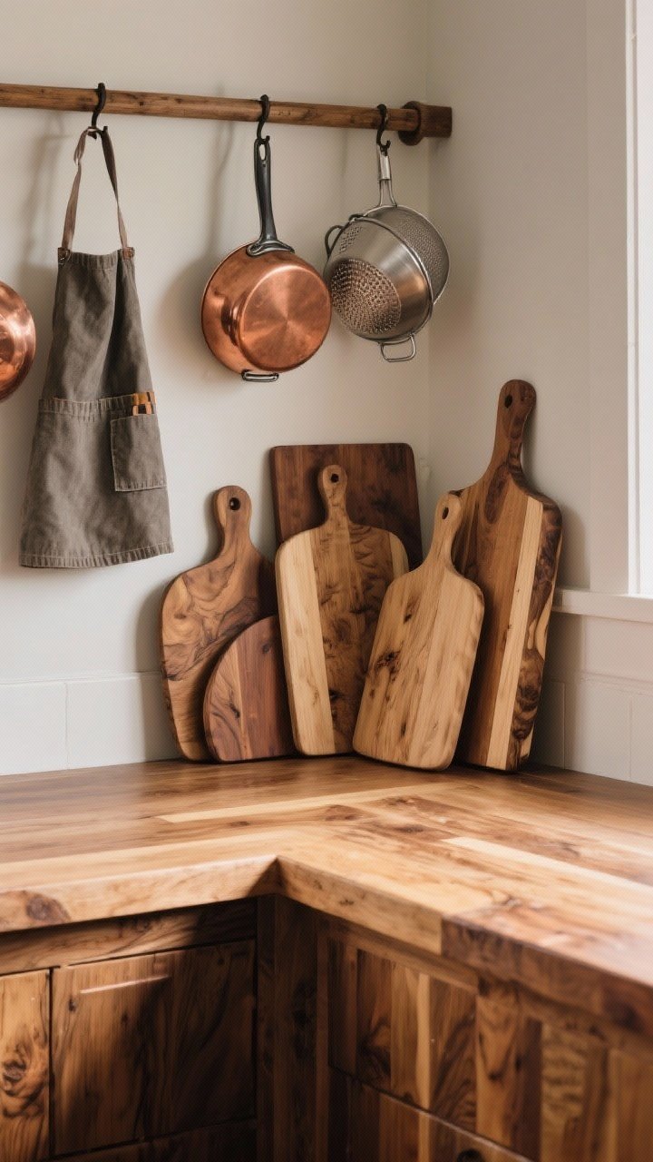 Detail closeup of warm wood elements: a thick butcher block island corner with visible grain, layered cutting boards in varied shapes and tones leaning upright, a peg rail above holding copper pans, an apron, and a metal colander; tactile textures emphasized with soft directional light, subtle oil sheen on the butcher block, photorealistic.