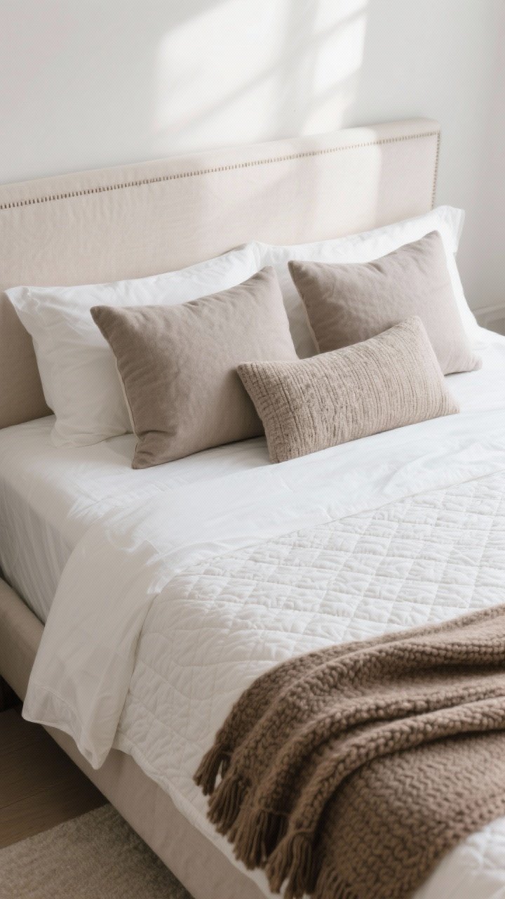 Detail closeup (overhead corner of bed): Crisp white percale sheets as the base, topped with a solid textured matelassé quilt in warm greige. A wool knit throw in cocoa is casually draped across the foot. Pillow setup: two sleeping pillows, two shams, and one long lumbar in a contrasting, subtly textured fabric. The upholstered headboard edges into the frame, adding softness. Soft morning light highlights the fabric textures and folds. Photorealistic, serene.