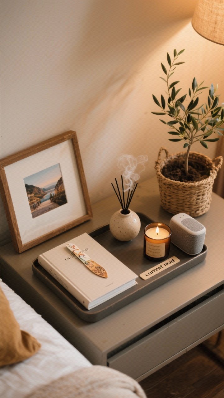 Detail/closeup overhead: Personality layer on a small tray labeled “current read” atop the side table—hardcover book with a pretty bookmark peeking out, a ceramic diffuser emitting subtle vapor, a cedar-vanilla candle, and a compact speaker; nearby, a framed travel photo with cohesive frame finish and a small olive tree in a basket at the edge of the shot; warm, cozy lighting, intimate mood, no people.