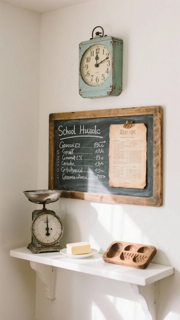Detail closeup: Quiet quirks vignette on a small wall—vintage schoolhouse clock centered above a chalkboard message center with handwritten grocery list, plus a framed recipe card in aged paper nearby. On a shelf below, an old metal scale and a wooden butter mold add character. Keep composition edited with one quirky piece per zone. Lighting: gentle daylight with soft shadowing. Angle: straight-on for graphic clarity.