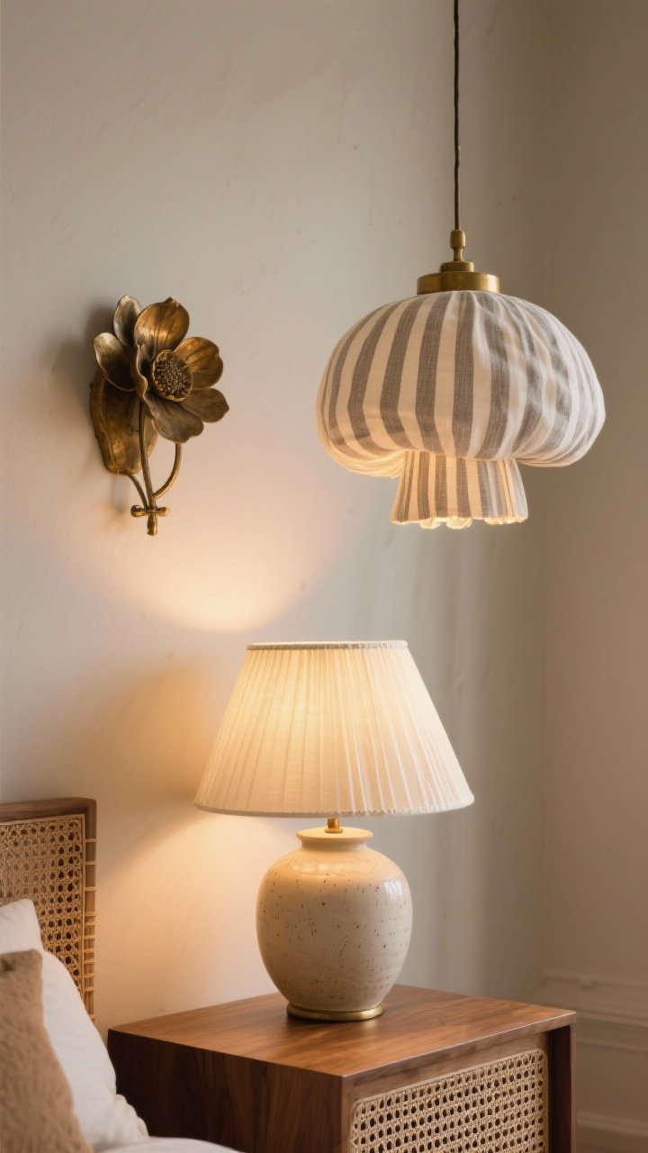 Detail/closeup — Sculptural lighting vignette: a pleated fabric pendant in subtle striped linen overhead, paired with a floral-petal sconce in aged brass on the wall; a ceramic table lamp base with an off-white pleated shade on a walnut console; warm 2700K bulbs glowing for a romantic, cozy tone; materials mix of rattan, ceramic, and aged brass; shallow depth of field, angled three-quarter view, photorealistic.