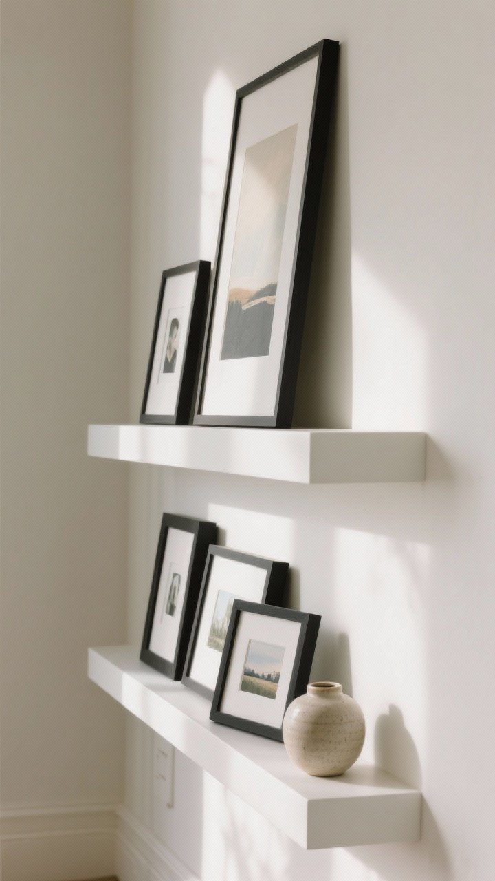 Detail, closeup side view of “Ledge Love”: two staggered white picture ledges with layered frames leaning—one oversized piece anchored in back, smaller frames in front; mix of portrait and landscape orientations, tight color palette of black frames, white mats, muted art prints; matte textures and a small ceramic vase on the ledge; soft indirect morning light emphasizing depth.