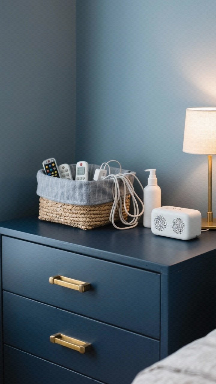 Detail/closeup, styling tweaks: A vignette showing small calm-boosting upgrades—warm brass drawer pulls on a matte navy dresser, neatly fabric-covered cords disappearing behind, a lidded basket hiding remotes and chargers, and a linen room spray alongside a compact white noise machine. Dim ambient lamp glow, blue-gray wall, crisp, cohesive finish.