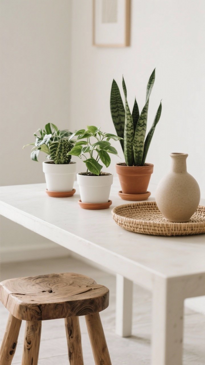 Detail closeup, tabletop vignette: A calm Scandi nature moment—grouped low-maintenance plants (ZZ, snake plant, pothos) in matte white and terracotta planters, arranged in odd numbers at varied heights; a raw wood stool, woven tray, and a sand-toned stoneware vase; soft natural light enhancing the greens and wood grain.