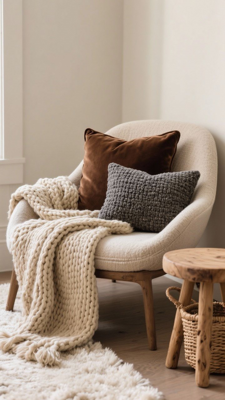 Detail/closeup: Textural layering around a curved chair—chunky knit throw in oatmeal draped over the chair back, a cocoa velvet lumbar pillow paired with a small slate gray nubby-weave square pillow, toes of a fluffy cream rug framing the nook, and a small natural wood stool with a rattan basket nearby; focus on tactile contrast (plush vs. smooth vs. natural fibers); cohesive palette of oatmeal, cocoa, and slate; gentle diffused light emphasizing fabric weave.