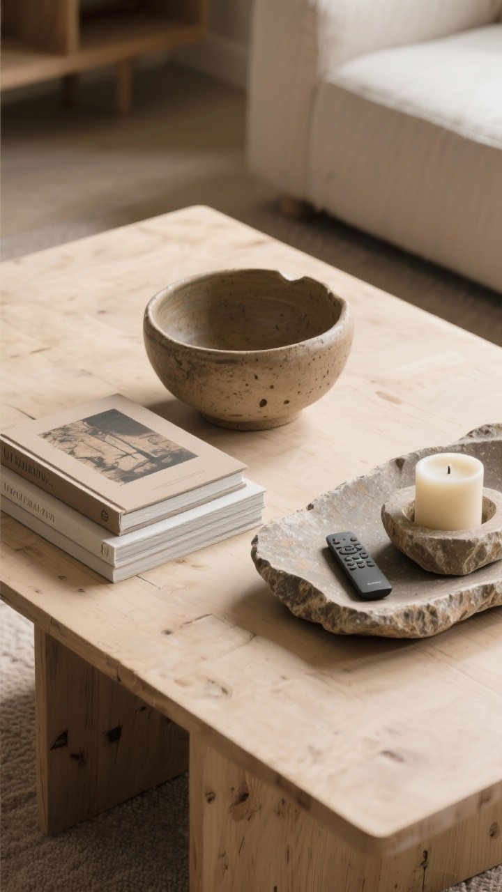 Detail closeup: Wabi-sabi accents on a light wood coffee table—one hand-thrown, slightly irregular ceramic bowl as the statement piece; a curated stack of two art books; and an organic stone tray corralling a candle and remote. Matte, earthy textures, quiet imperfections, warm neutral tones. Soft directional light grazing surfaces to reveal patina.