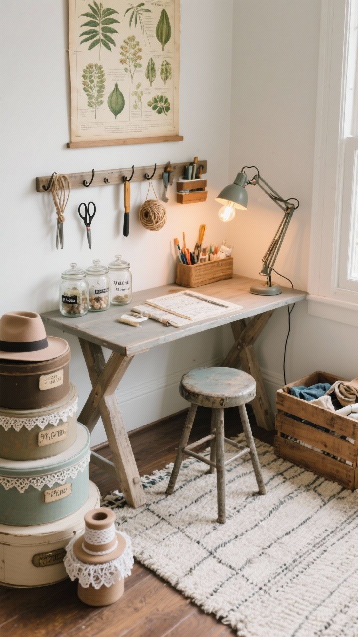 Detail/medium Craft Corner With Vintage Flair: a dedicated craft nook with a small trestle table, a sturdy stool, and a wall-mounted rail with hooks holding scissors, twine, and tools; supplies organized in glass jars with handwritten labels; a vintage botanical chart hangs above; flat-weave rug defines the area; lighting from a task lamp with warm LED bulb plus a nearby floor lamp for ambience; decor includes stacked hat boxes, lace trim spools, and a wooden crate for fabric remnants; overhead/angled view, photorealistic.