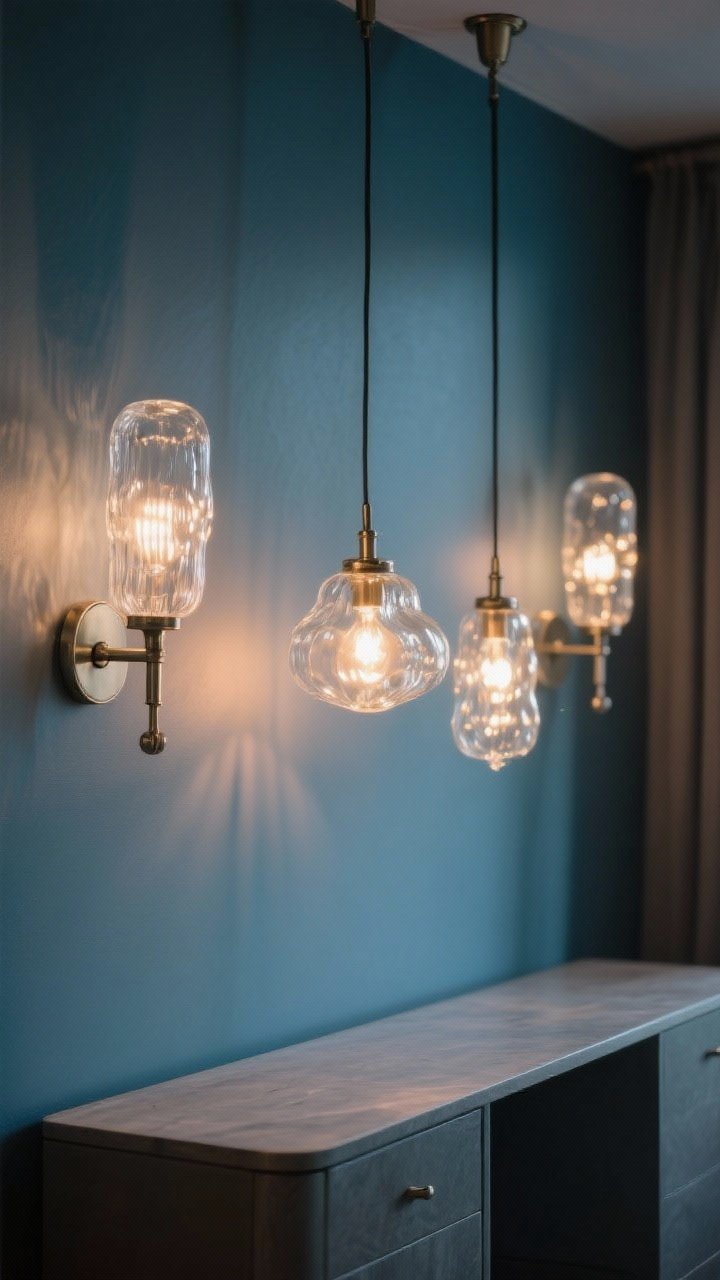 Detail/medium lighting focus: Warm 2700–3000K bulbs illuminating rippled glass pendants over a console with a glacier blue wall behind; frosted glass sconces create soft diffusion, with polished nickel hardware for a crisp finish. Dim, cozy evening ambiance emphasizing warm glow on cool tones. Photorealistic, side angle.