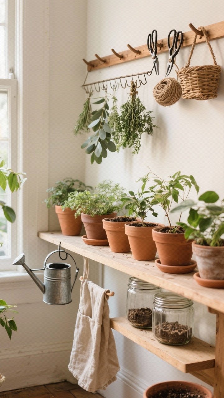 Detail/medium shot of a botanical workshop corner: narrow potting bench with a tidy terracotta lineup of plants, wooden peg rail above holding shears, twine, and mini baskets; a fold-down drying rack with hanging herbs/eucalyptus, glass jars of potting mix on the lower shelf, linen apron on a hook, and a charming metal watering can; natural daylight, earthy textures.