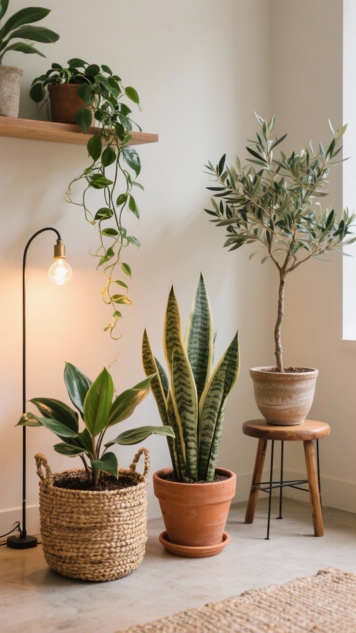 Detail-oriented medium shot plant vignette styled as a cluster: a ZZ plant in a woven basket on the floor, a snake plant in a terracotta pot, trailing pothos draped from a floating shelf, and a dwarf olive tree for height in a ceramic planter. Vary heights with a small wooden stool and a metal plant stand. Subtle, warm indoor lighting; a tasteful lamp fitted with a grow bulb nearby, not visible but implied by glow. Natural textures of baskets and pots showcased, no people.