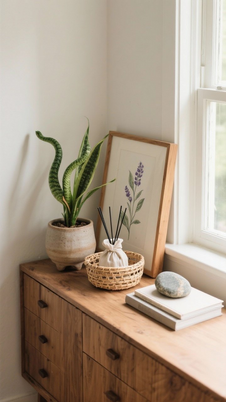 Detail overhead shot: A dresser corner styled with simple, living elements. One snake plant in a ceramic pot, a small rattan basket holding a linen-wrapped diffuser emitting a subtle cedar-lavender mist, and a wood frame with a botanical sketch leaning against the wall. Nearby, a smooth river stone paperweight sits atop a closed book. Materials read natural—wood, linen, ceramic, and rattan—captured in soft morning light from an open window, evoking fresh air and quiet vitality without a jungle of plants.