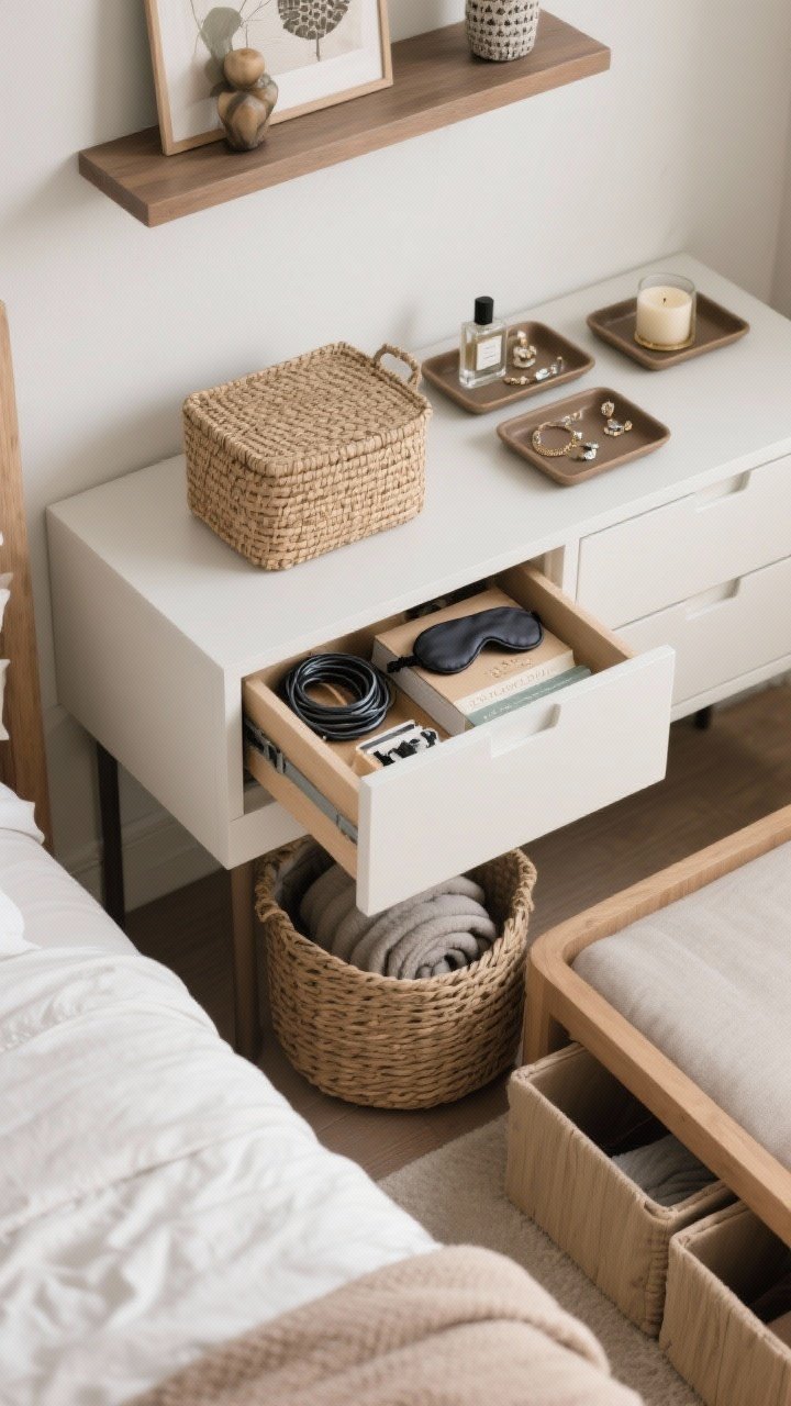 Detail overhead shot: Intentional storage vignette—closed nightstand drawer slightly open revealing neatly stored cords, book, eye mask; lidded woven basket holding folded blankets; fabric or wood under-bed bins partially visible beneath a bed frame; wall-mounted shelf above with curated decor and a small tray; matching trays on dresser corralling perfume, jewelry, and a candle; clutter-free, photorealistic.