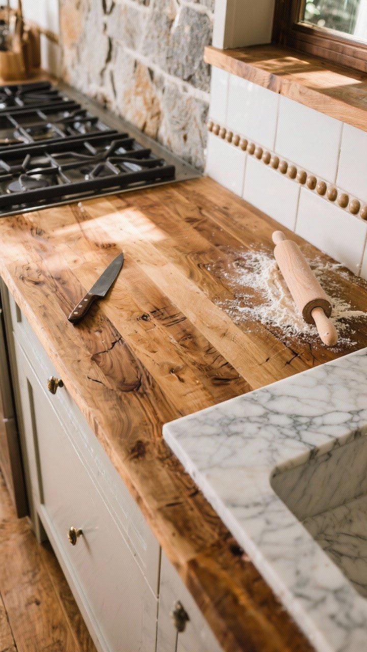 Detail overhead shot of adjoining countertops: warm butcher block island with visible knife marks and oiled sheen, and a marble slab beside the range dusted with flour and a rolling pin for pastry; tile edge trim where stone meets wall, wood-beaded edge on block; natural daylight enhances patina, celebrating stains and scratches.