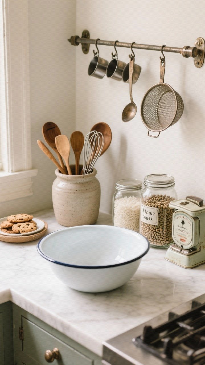 Detail overhead shot of functional vintage accessories on a counter and rail: enamelware mixing bowl, stoneware crock packed with wooden spoons and whisks, mason jars filled with lentils, rice, and cookies, a small vintage scale, tin canisters labeled for flour and sugar; a metal rail above holding measuring cups, a ladle, and a vintage strainer; natural light, photorealistic.