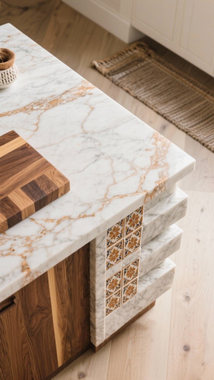Detail overhead: Soulful surfaces styled on an island. A warm-veined quartz (marble-look) perimeter sample meets a butcher block island top, showing the wood-and-stone combo. Nearby, a honed marble slab with gentle etching patina is partially visible. Handmade-look or zellige tiles arranged in a small vertical stack sample with warm grout. In the background, a hint of matte-finish white oak flooring and a rolled vintage-style runner edge. Soft natural light to emphasize texture and minimal seams.