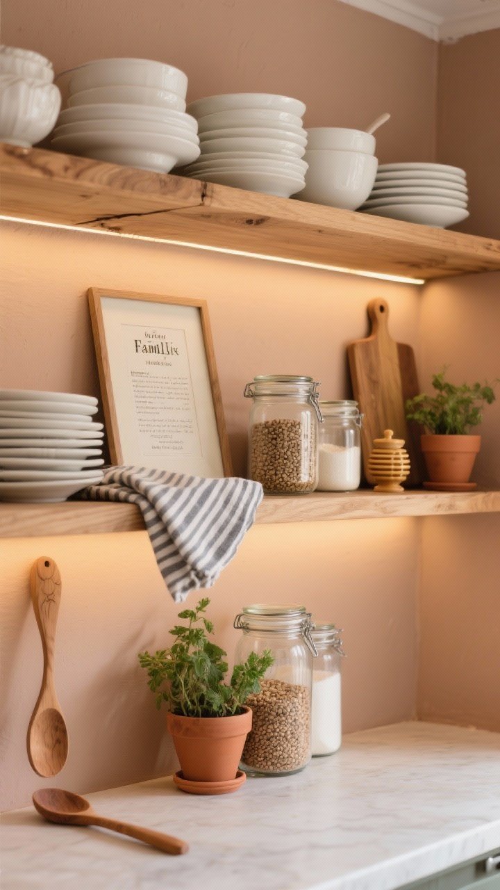 Detail shelfie, Cottage Core Kitchen: closeup of open wood shelves (oak or maple) against a wall painted pale clay; styled with stacked white dishes, clear jars of pantry staples (lentils, flour, sugar), a few terracotta herb pots, a striped tea towel folded over the edge, and a hand-carved wooden spoon; warm under-shelf LEDs casting a soft evening glow; accents include a framed family recipe card, a honey pot, and a small cutting board wall display behind; photorealistic, straight-on.