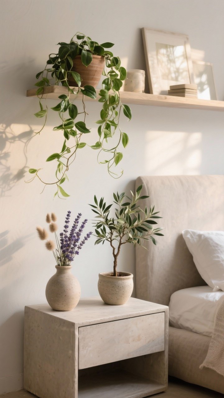 Detail shot: A styled shelf and nightstand sprinkled with nature—trailing pothos cascading from a ceramic pot, a small olive tree in a stoneware planter for height, a vase of dried lavender and bunny tails in muted tones; soft morning light highlighting greenery textures and matte natural surfaces.
